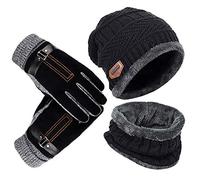 YULOONG Beanie Hat Scarf Gloves Set Winter Knitted Hat Neck Warmers Touch Screen Driving Gloves Unisex Black