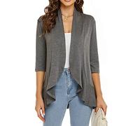YULOONG Women Autumn Cardigan Solid Color Summer Casual Lightweight Cover ups 3/4 Sleeve Open Front Draped Ruffles Spring Top Grey L
