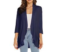 YULOONG Women Autumn Cardigan Solid Color Summer Casual Lightweight Cover ups 3/4 Sleeve Open Front Draped Ruffles Spring Top Navy L