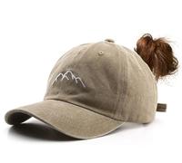 YULOONG Women's Ponytail Baseball Cap Mountain Peak Embroidery Baseball Cap Retro Washed Cotton Hat Sun Protection Cap Adjustable Tennis Golf Sports Cap Khaki