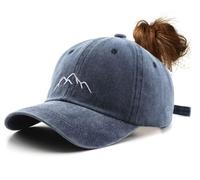 YULOONG Women's Ponytail Baseball Cap Mountain Peak Embroidery Baseball Cap Retro Washed Cotton Hat Sun Protection Cap Adjustable Tennis Golf Sports Cap Navy Blue
