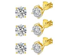 Yulovee 9ct Gold Stud Earrings for Women,3 Pairs Stud Earrings with White Crystal.