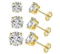 Yulovee 9ct Gold Stud Earrings for Women,3 Pairs Stud Earrings with White Crystal.