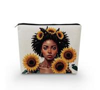 YULUENZE African American Lady Makeup Bag Cute Small Canvas Organizer Bag with Zipper Sunflower Black Woman Cosmetic Bag Aesthetic Birthday Present for Women Sisters Friends, asnj0864, S
