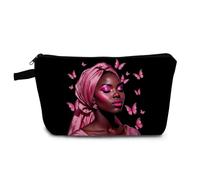 YULUENZE African American Lady Makeup Bag Cute Small Organizer Bag with Zipper Pink Butterfly Black Woman Cosmetic Bag Aesthetic Birthday Present for Women Sisters Friends, hzj0871, S