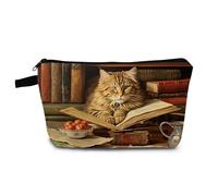 YULUENZE Cat Kitten Gifts Book Cat Makeup Bag Cute Small Vintage Organizer Bag with Zipper Book Cat Print Cosmetic Bag Birthday Gifts for Cat Lovers Women Friends, hzt0289, Printed Makeup Bag With a