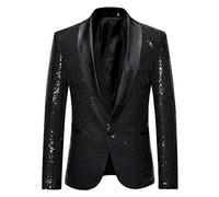 YULUOSHA Mens Slim Fit Suit Blazer Shawl Lapel Sequin Prom Jacket One Button Casual Coat Wedding Prom Tuxedo-XL-Black