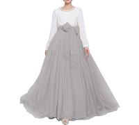 YULUOSHA Women Wedding Long Maxi Puffy Tulle Skirt Floor Length A Line with Bowknot Belt High Waisted for Wedding Party Evening Grey Medium