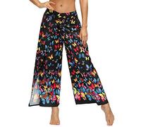 YULUOSHA Women's Boho Hippie Split Pants with Wide Leg,Bohemian Loose Yoga Palazzo Pants Summer Casual Floral Trousers, Butterfly 037, Small / Medium