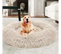 Yuly Warm Extra Large Donut Dog Bed - Calming Faux Fur Washable Self-Warming Round Plush Bed for Large Medium Dogs (120cm Beige)
