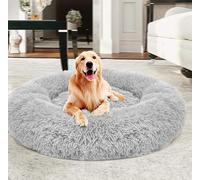 Yuly Warm Extra Large Donut Dog Bed, Calming for Large Dogs, Faux Fur Washable Pet Bed, Self-Warming Round Plush for Medium to Large Breeds (120cm Light Grey)
