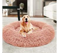 Yuly Warm Extra Large Donut Dog Bed, Calming for Large Dogs, Faux Fur Washable Pet Bed, Self-Warming Round Plush for Medium to Large Breeds (100cm Pink)