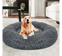 Yuly Warm Extra Large Donut Dog Bed, Calming for Large Dogs, Faux Fur Washable Pet Bed, Self-Warming Round Plush for Medium to Large Breeds (110cm Dark Grey)