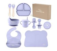 Yum Yum's Baby 10 Pcs Lavender Weaning Set - Complete Toddler Feeding Kit w/Sectioned Plate, Suction Bowls, Cutlery with Mouth Guard, Straw Cup, Bib & Mat - Non-Slip - for Toddlers & Baby Gift