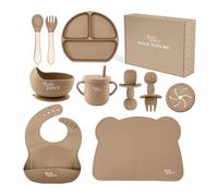 Yum Yum's Baby 10 Pcs Mocha Weaning Set - Complete Toddler Feeding Kit w/Sectioned Plate, Suction Bowls, Cutlery with Mouth Guard, Straw Cup, Bib & Mat - Non-Slip - for Toddlers & Baby Gift