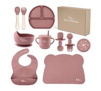 Yum Yum's Baby 10 Pcs Pink Weaning Set - Complete Toddler Feeding Kit w/Sectioned Plate, Suction Bowls, Cutlery with Mouth Guard, Straw Cup, Bib & Mat - Non-Slip - for Toddlers & Baby Gift