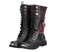 YUMALI Motorcycle Riding Boots for Men Steampunk Lace up PU Leather Knight Boots Outdoor Military Boot Shoes with Side Pocket (Black,42)
