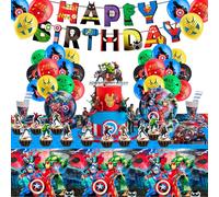 Yumcute 107pcs Super Party Birthday Decoration - Hero Cake Toppers, Balloons, Tableware Set - Plates, Table Cloth, Banner, Wrapping Paper, Napkins, Cups - Red, Blue, Mixed Colors