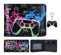 yumcute Gaming Controller PU Leather Wallet for Men Women Teens, Bifold Short Wallet with ID Window, Coin Pocket & Card Holder Slots, Travel Essentials Gift for Gamers with Keychain