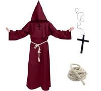 yumcute Monk Costume Medieval Robe, Monk Costume Adult, Hooded Priest Robe, Monk Renaissance Priest Robe, with Rope Belt Cross Necklace, Cosplay Halloween Fancy Dress Carnival World Book Day Costume