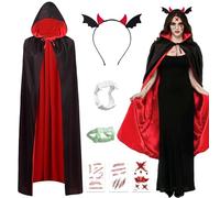 yumcute Vampire Cape for Adult 7PCS Halloween Vampire Costume Witch Cosplay Black Red Reversible Hooded Cloak Vampire Accessories with Vampire Teeth Devil Headband Scar Tattoo for Men Women (150cm)