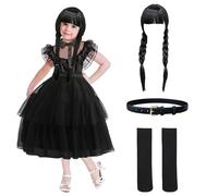 yumcute Wednesday Costume Kids Gothic Dress Costume Girls World Book Day Costumes for Girls Princess Black Tulle Skirt Dress with Wig Belt and Socks Fancy Cosplay Carnival Halloween Party Outfit