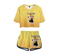 Yumenam Girls Casual Cosplay Tracksuits TANJIRO INOSUKE 3D Printed T-shirt Tops and Shorts 2 PCS Suit Crop Top Tee + Shorts Summer Pyjama Sets for Anime Fans