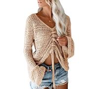 Yumenam Womens Knitted Tops Boho Off Shoulder V-Neck Crop Tops Bell Long Sleeve Flowy Oversized Crochet Ruched Pullover Sweater Apricot