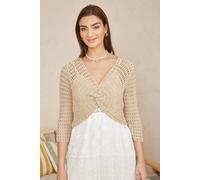 Yumi Beige Cotton Crochet Knitted Top (UK, Alpha, L, Regular, Regular, Beige)