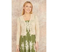 Yumi Women's Beige Crochet Knitted Cropped Cardigan | Size: Medium Yumi Beige M