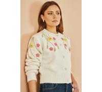 Yumi Beige Flower Embroidered Chunky Knit Cardigan In Ivory Ivory L