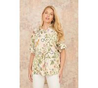 Yumi Women's Beige Relaxed Fit Shirt With Botanical Print | Size: Medium/Large Yumi Beige M/L