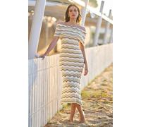 Yumi Women's Beige Stripe Crochet Knit Bardot Midi Dress | Size: Medium Yumi Beige M