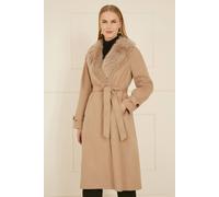 Beige Wrap Around Coat With Faux Fur Collar Yumi Camel 12