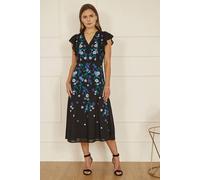Yumi Black All Over Floral Embroidery Midi Skater Dress Black 16