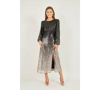 Yumi Black and Gold Sequin Ombre Midi Dress, Long Balloon Sleeves, 115cm Length (UK, Numeric, 10, Regular, Regular, Black)