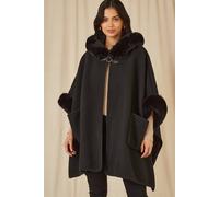 Yumi Black Cape With Luxe Fur Trim And Lining Black M/L