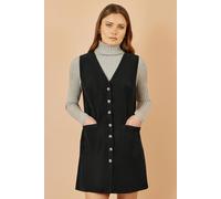 Yumi Black Cord Button Through Pinafore Dress With Pockets Black 8