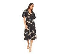 Yumi Black Crane Print Kimono Midi Dress (UK, Numeric, 14, Regular, Regular, Black)