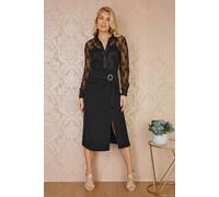Black Diamante Buckle Faux Wrap Skirt With Split Hem Yumi Black 8
