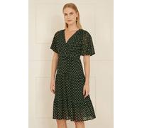 Yumi Black Dot Print Mesh Stretch Midi Skater Dress Black