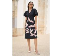 Yumi Black Recycled Fabric Crane Print Kimono Midi Dress (UK, Numeric, 10, Regular, Regular, Black)