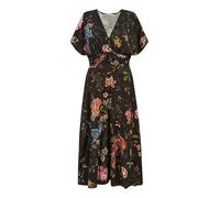 Yumi Black Floral Bird Print Midi Dress, V-Neck Kimono Sleeves, Ruched Waist, 100% Viscose (UK, Numeric, 14, Regular, Regular, Black)
