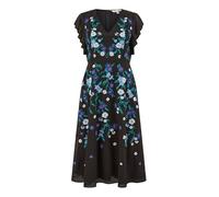 Yumi Black Floral Embroidered Midi Dress, V-Neck, Flutter Sleeves, 116cm Length (UK, Numeric, 12, Regular, Regular, Black)