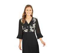 Yumi Black Floral Pleated Midi Dress, V-Neck with Lace Trim, 3/4 Bell Sleeves, 123cm Length (UK, Numeric, 10, Regular, Regular, Black)