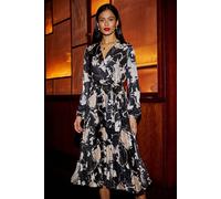 Black Floral Satin Pleated Midi Dress Yumi Black 14