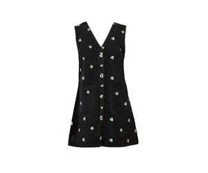 Yumi Black Flower Embroidered Button Up Pinafore Dress (UK, Numeric, 14, Regular, Regular, Black)
