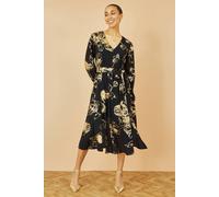 Yumi Black Foil Rose Print Midi Dress Black