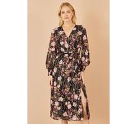 Yumi Black Foiled Floral Print Wrap Midi Dress (UK, Numeric, 10, Regular, Regular, Black)