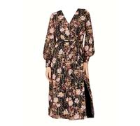 Yumi Black Foiled Floral Print Wrap Midi Dress (UK, Numeric, 14, Regular, Regular, Black)